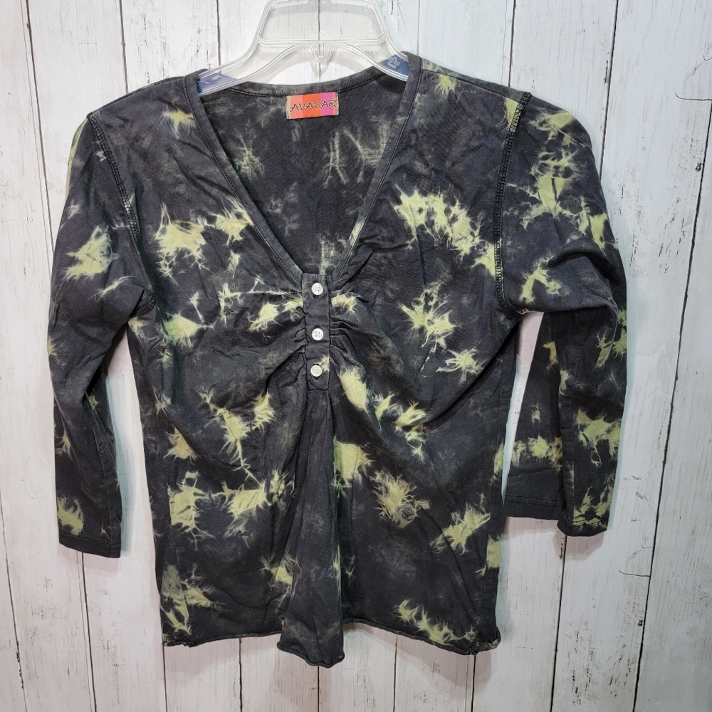 Avatar Women's Gray Tie-Dye Ruched Cotton Henley Shirt Size Large.